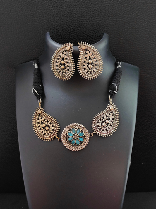 Buy Sky Blue Stone Paisley Pattern Oxidised German Silver Choker Set - TheJewelbox