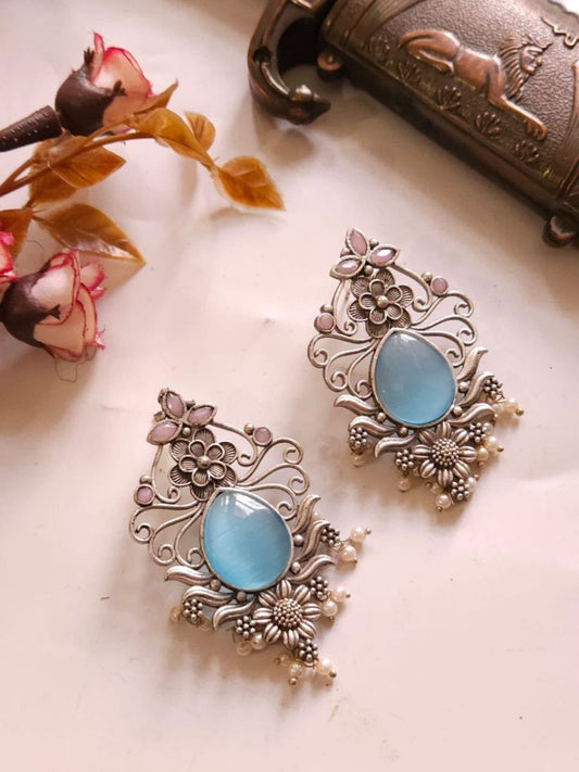 Buy Sky Blue and Pink Stones Oxidised Silver Stud Earrings - TheJewelbox