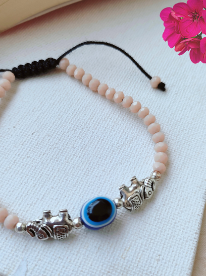 Stylish Beige Elephant Charm Beaded Evil Eye Anklet