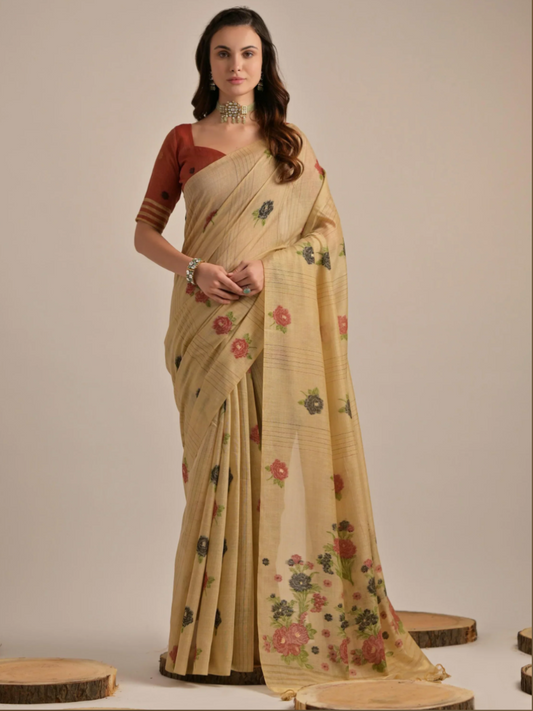 Buy Traditional Beige and Rust Floral Woven Cotton Handloom Saree Online - AllThingsAboutWedding