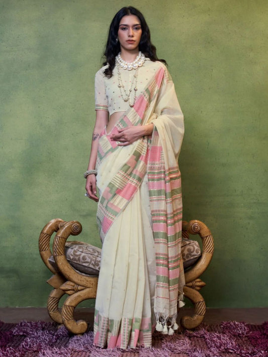 Buy Traditional Green and Pink Check Pattern Beige Cotton Saree Online - AllThingsAboutWedding