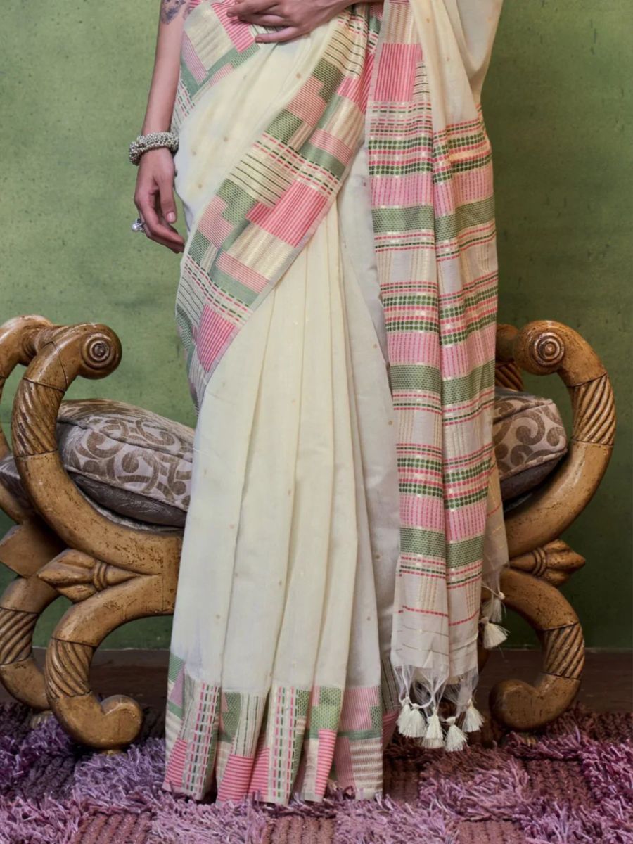Traditional Green and Pink Check Pattern Beige Cotton Saree - Pallu