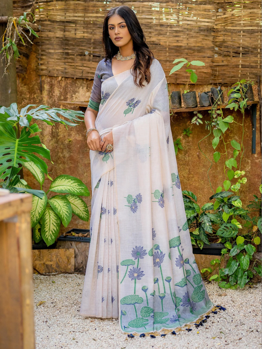 Buy Traditional Grey Lotus Printed Off White Cotton Saree Online - AllThingsAboutWedding