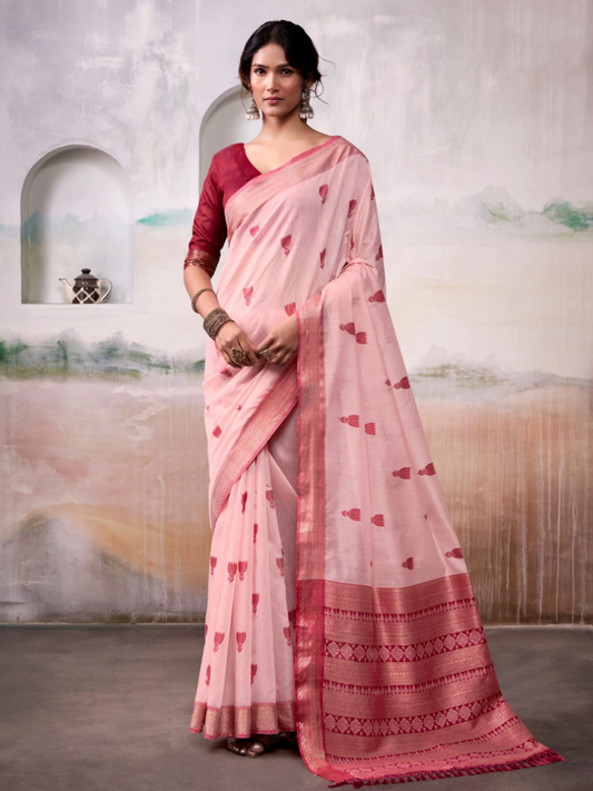 Buy Traditional Peach Handloom Cotton Saree with Rose Red Woven Pallu Online - AllThingsAboutWedding