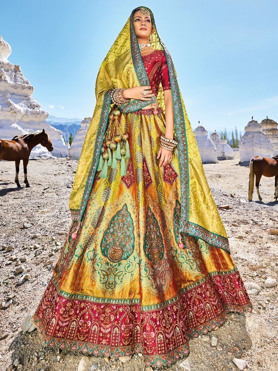 Traditional Yellow Colour Thread Work Bridal Silk Lehenga Choli with Dupatta