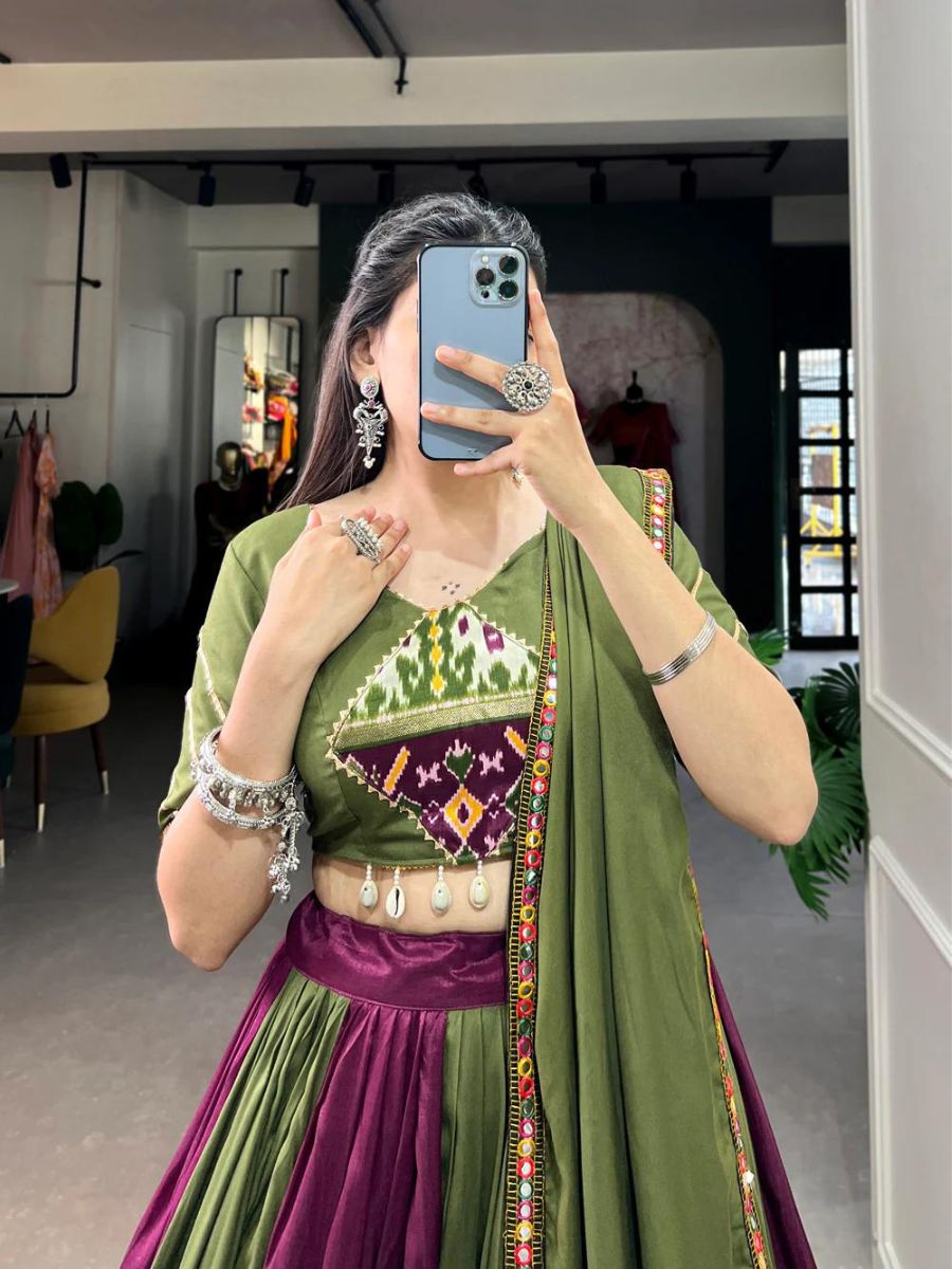 Wine and Parrot Green Gamthi Printed Silk Chaniya Choli - Blouse Neck Design