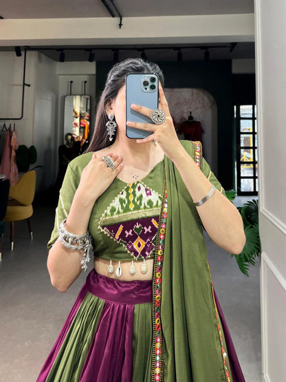 Wine and Parrot Green Gamthi Printed Silk Chaniya Choli - Blouse Neck Design