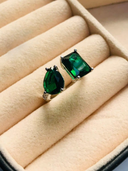 Double Green Emerald Adjustable Silver Ring